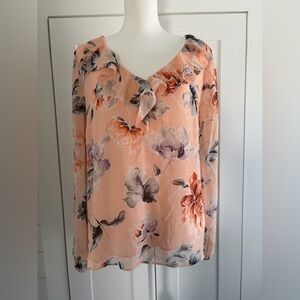 White House Black Market Peach Floral V-Neck Blouse